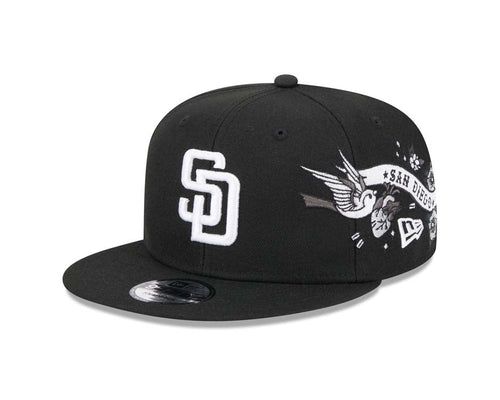 San Diego Padres New Era MLB 9FIFTY 950 Snapback Cap Hat Black Crown/Visor White Logo (City Art)