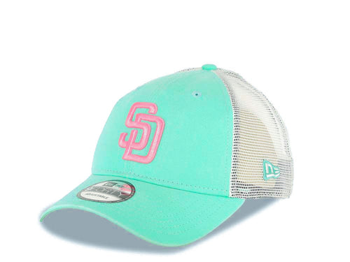 (City Connect) San Diego Padres New Era MLB 9FORTY 940 Adjsutable Mesh/Trucker Cap Hat Teal/Gray Mesh Crown/Visor Magenta Logo