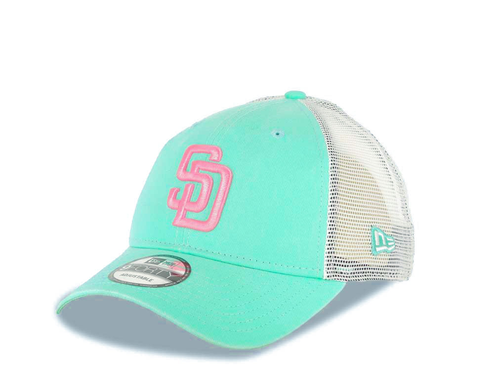 (City Connect) San Diego Padres New Era MLB 9FORTY 940 Adjsutable Mesh/Trucker Cap Hat Teal/Gray Mesh Crown/Visor Magenta Logo