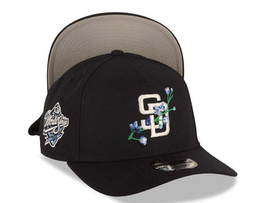San Diego Padres New Era MLB 9FORTY 940 Adjustable A-Frame Cap Hat Navy Blue Crown/Visor White/Sky Blue With Rose Logo 1998 World Series Side Patch Gray UV