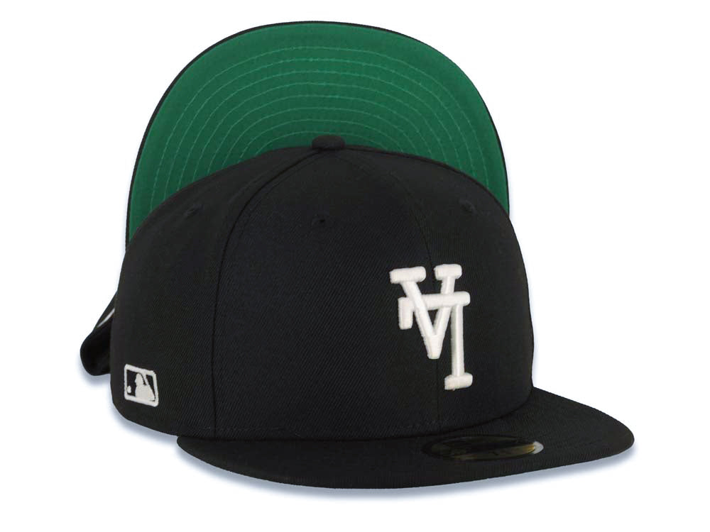 Los Angeles Dodgers New Era MLB 59FIFTY 5950 Fitted Cap Hat Black Crown/Visor White Upside Down Logo Batterman Batty Side Patch Green UV