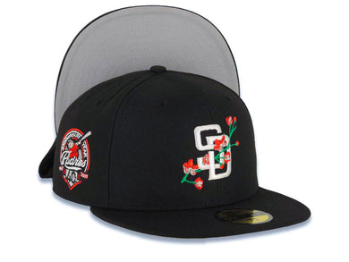 San Diego Padres New Era MLB 59FIFTY 5950 Fitted Cap Hat Black Crown/Visor White/Red With Rose Logo 40th Anniversary Side Patch Gray UV