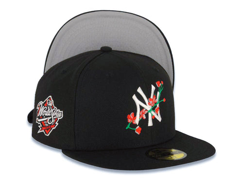 New York Yankees New Era MLB 59FIFTY 5950 Fitted Cap Hat Black Crown/Visor White/Red With Rose Logo 1998 World Series Side Patch Gray UV