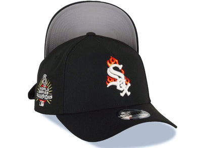 Chicago White Sox New Era MLB 9FORTY 940 Adjustable A-Frame Cap Hat Black Crown/Visor White with Fire/Flame Logo World Series Champions Side Patch
