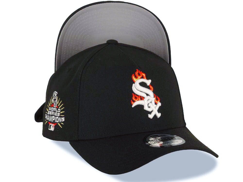 Chicago White Sox New Era MLB 9FORTY 940 Adjustable A-Frame Cap Hat Black Crown/Visor White with Fire/Flame Logo World Series Champions Side Patch