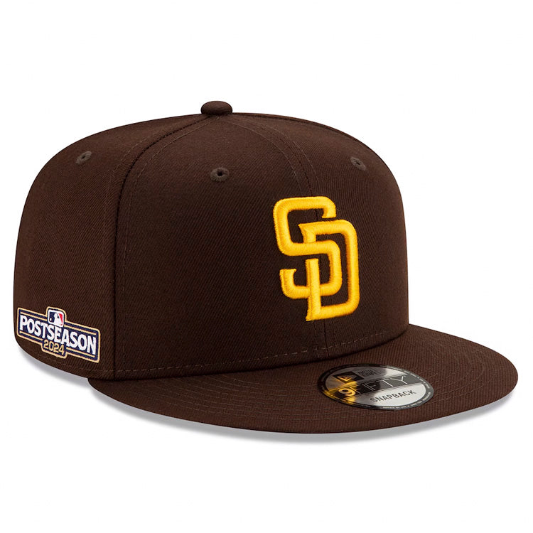 San Diego Padres New Era MLB 9FIFTY 950 Snapback Cap Hat Dark Brown Crown/Visor Team Color Logo 2024 Post Season Postseason Side Patch