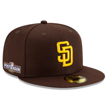 Load image into Gallery viewer, San Diego Padres New Era MLB 59FIFTY 5950 Fitted Cap Hat Dark Brown Crown/Visor Team Color Logo 2024 Post Season Postseason Side Patch
