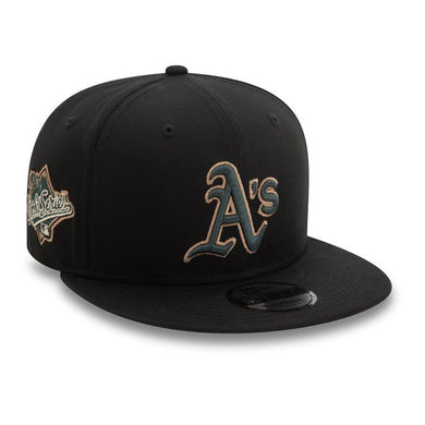 Oakland A's Athletics New Era MLB 9FIFTY 950 Snapback Cap Hat Black Crown/Visor Dark Green/Tan Logo 1989 World Series Side Patch Dark Green UV