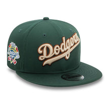 Load image into Gallery viewer, Los Angeles Dodgers New Era MLB 9FIFTY 950 Snapback Cap Hat Dark Green Crown/Visor Wheat/Dark Brown/Black Text Logo 100th Anniversary Wordmark Side Patch
