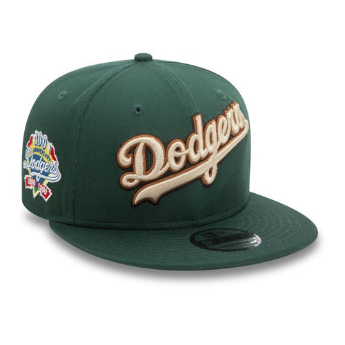 Los Angeles Dodgers New Era MLB 9FIFTY 950 Snapback Cap Hat Dark Green Crown/Visor Wheat/Dark Brown/Black Text Logo 100th Anniversary Wordmark Side Patch