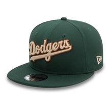 Load image into Gallery viewer, Los Angeles Dodgers New Era MLB 9FIFTY 950 Snapback Cap Hat Dark Green Crown/Visor Wheat/Dark Brown/Black Text Logo 100th Anniversary Wordmark Side Patch
