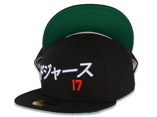 Los Angeles Dodgers New Era MLB 59FIFTY 5950 Fitted Cap Hat Black Crown/Visor White/Royal Blue/Red Logo with Japan Text/Letters Shohei Otahni  17 Green UV