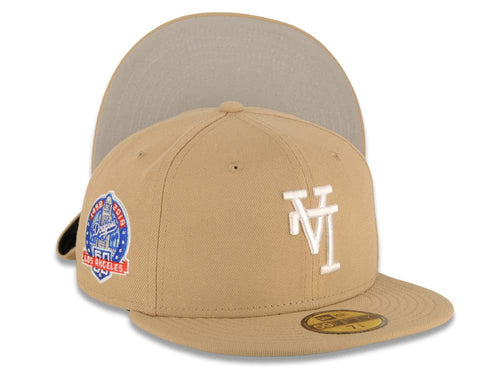 Los Angeles Dodgers New Era MLB 59FIFTY 5950 Fitted Cap Hat Khaki Crown/Visor White Upside Down Logo 60th Anniversary Side Patch Gray UV