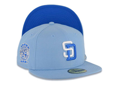 San Diego Padres New Era MLB 59FIFTY 5950 Fitted Cap Hat Sky Blue Crown/Visor White/Royal Blue Logo 25th Anniversary Side Patch Royal Blue UV