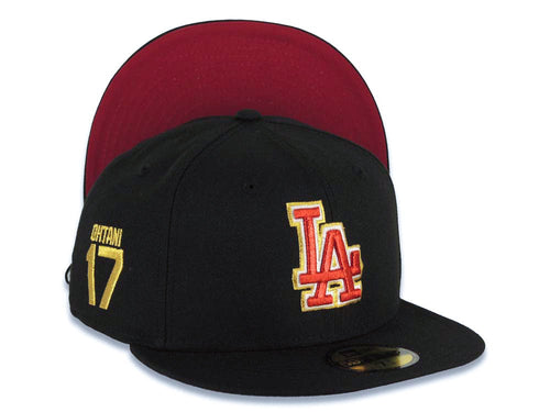 Los Angeles Dodgers New Era MLB 59FIFTY 5950 Fitted Cap Hat Black Crown/Visor Metallic Red/White/Gold Logo 17 Shohei Ohtani Side Patch Red UV