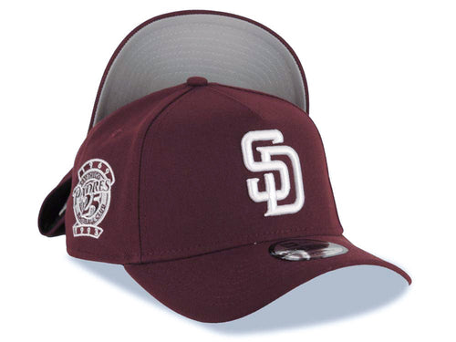 San Diego Padres New Era MLB 9FORTY 940 Adjustable A-Frame Cap Hat Maroon Crown/Visor White Logo 25th Anniversary Side Patch Gray UV