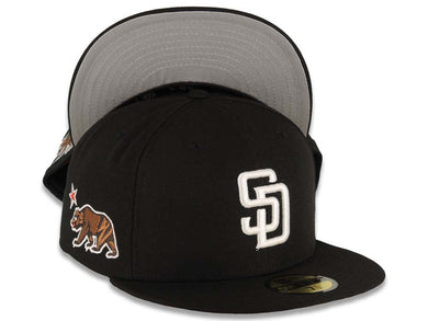 San Diego Padres New Era MLB 59FIFTY 5950 Fitted Cap Hat Black Crown/Visor White Logo California State Bear with Star Side Patch Gray UV