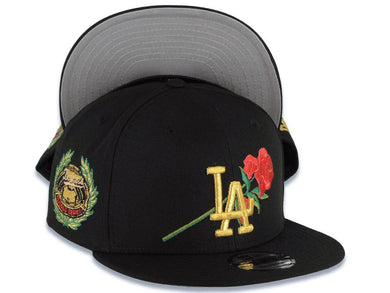 Los Angeles Dodgers New Era MLB 9FIFTY 950 Snapback Cap Hat Black Crown/Visor Metallic Gold/Red Logo With Rose World Series Side Patch