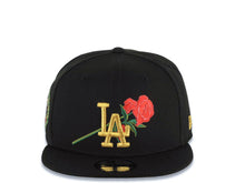 Load image into Gallery viewer, Los Angeles Dodgers New Era MLB 9FIFTY 950 Snapback Cap Hat Black Crown/Visor Metallic Gold/Red Logo With Rose World Series Side Patch
