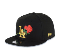 Load image into Gallery viewer, Los Angeles Dodgers New Era MLB 9FIFTY 950 Snapback Cap Hat Black Crown/Visor Metallic Gold/Red Logo With Rose World Series Side Patch
