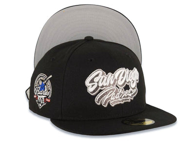 San Diego Padres New Era MLB 59FIFTY 5950 Fitted Cap Hat Black Crown/Visor White/Metallic Gray Script/Text Logo 40th Anniversary Side Patch Gray UV