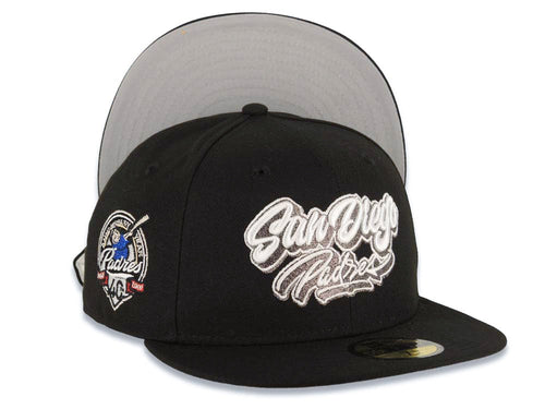 San Diego Padres New Era MLB 59FIFTY 5950 Fitted Cap Hat Black Crown/Visor White/Metallic Gray Script/Text Logo 40th Anniversary Side Patch Gray UV