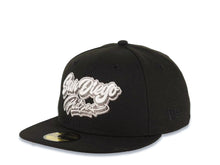 Load image into Gallery viewer, San Diego Padres New Era MLB 59FIFTY 5950 Fitted Cap Hat Black Crown/Visor White/Metallic Gray Script/Text Logo 40th Anniversary Side Patch Gray UV
