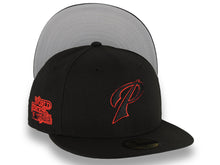 Load image into Gallery viewer, San Diego Padres New Era MLB 59FIFTY 5950 Fitted Cap Hat Black Crown/Visor Black/Red &quot;P&quot; Script Logo 1984 World Series Side Patch Gray UV
