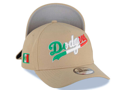 Los Angeles Dodgers New Era MLB 9FORTY 940 Adjustable A-Frame Cap Hat Khaki Crown/Visor Green/White/Red Script Logo Mexico Flag Side Patch Gray UV