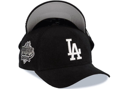 (Corduroy) Los Angeles Dodgers New Era MLB 9FORTY 940 Adjustable A-Frame Cap Hat Black Crown/Visor White Logo Stadium Side Patch Gray UV