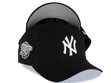 (Corduroy) New York Yankees New Era MLB 9FORTY 940 Adjustable A-Frame Cap Hat Black Crown/Visor White Logo 1998 World Series Side Patch Gray UV