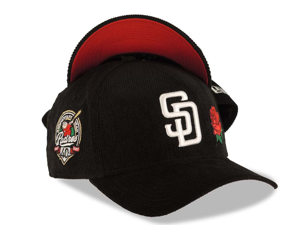 (Corduroy) San Diego Padres New Era MLB 9FORTY 940 Adjustable A-Frame Cap Hat Black Crown/Visor White Logo With Rose 40th Anniversary Side Patch