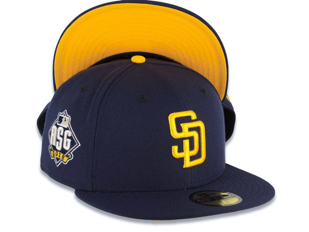 San Diego Padres New Era MLB 59FIFTY 5950 Fitted Cap Hat Navy Blue Crown/Visor Yellow Logo 2016 All-Star Game Side Patch Yellow UV