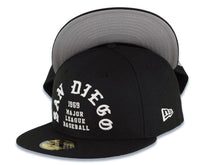 Load image into Gallery viewer, San Diego Padres New Era MLB 59FIFTY 5950 Fitted Cap Hat Black Crown/Visor White Logo With 1969 Major League Baseball Text/Script Writing
