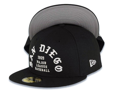 San Diego Padres New Era MLB 59FIFTY 5950 Fitted Cap Hat Black Crown/Visor White Logo With 1969 Major League Baseball Text/Script Writing