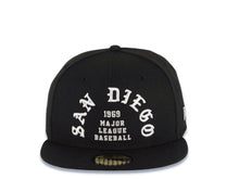 Load image into Gallery viewer, San Diego Padres New Era MLB 59FIFTY 5950 Fitted Cap Hat Black Crown/Visor White Logo With 1969 Major League Baseball Text/Script Writing
