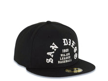 Load image into Gallery viewer, San Diego Padres New Era MLB 59FIFTY 5950 Fitted Cap Hat Black Crown/Visor White Logo With 1969 Major League Baseball Text/Script Writing
