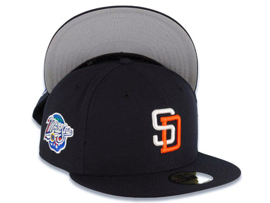 San Diego Padres New Era MLB 59FIFTY 5950 Fitted Cap Hat Navy Blue Crown/Visor White/Orange Logo 1998 World Series Side Patch Gray UV