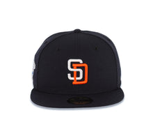 Load image into Gallery viewer, San Diego Padres New Era MLB 59FIFTY 5950 Fitted Cap Hat Navy Blue Crown/Visor White/Orange Logo 1998 World Series Side Patch Gray UV
