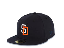 Load image into Gallery viewer, San Diego Padres New Era MLB 59FIFTY 5950 Fitted Cap Hat Navy Blue Crown/Visor White/Orange Logo 1998 World Series Side Patch Gray UV
