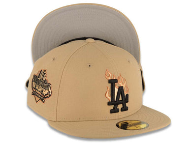 Los Angeles Dodgers New Era MLB 59FIFTY 5950 Fitted Cap Hat Khaki Crown/Visor Black Logo With Metallic Orange Flame Stadium Side Patch
