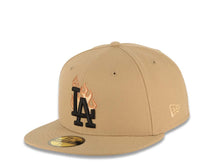 Load image into Gallery viewer, Los Angeles Dodgers New Era MLB 59FIFTY 5950 Fitted Cap Hat Khaki Crown/Visor Black Logo With Metallic Orange Flame Stadium Side Patch
