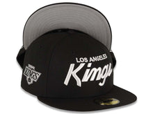 Load image into Gallery viewer, Los Angeles Kings New Era NHL 59FIFTY 5950 Fitted Chevorn Cap Hat Black Crown/Visor White Text Logo With Team Logo Side Patch 
