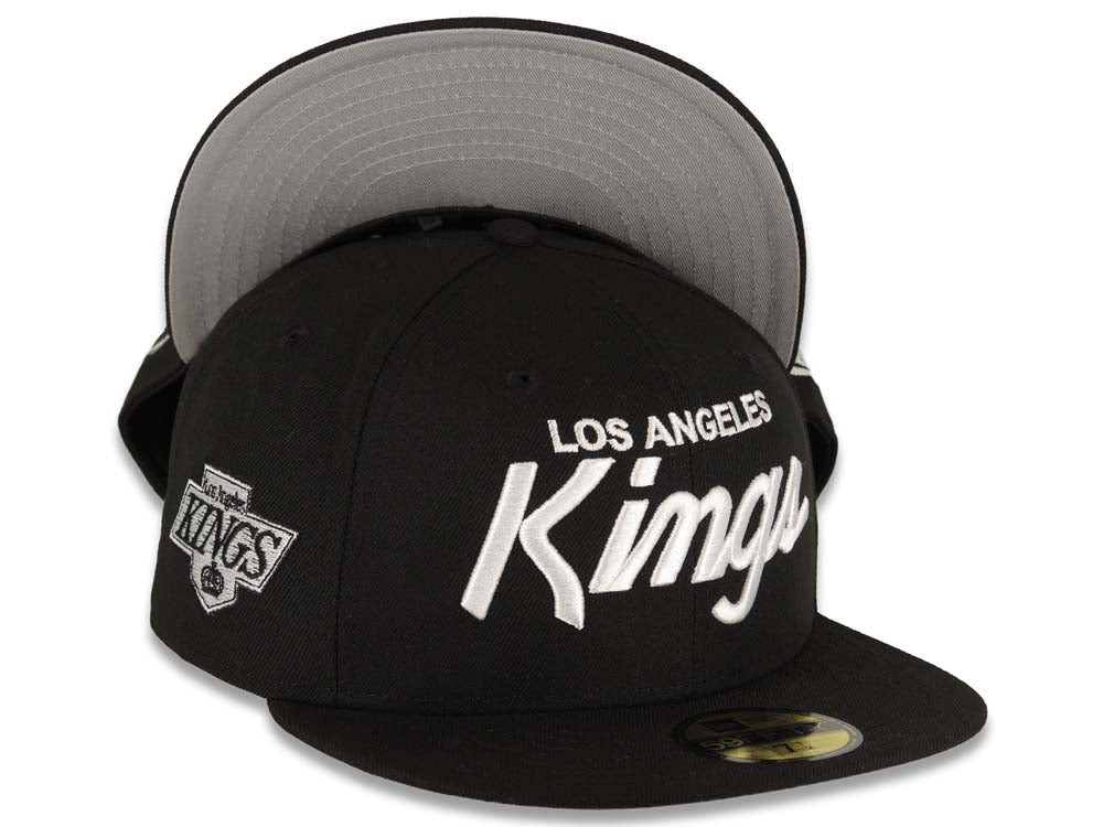 Los Angeles Kings New Era NHL 59FIFTY 5950 Fitted Chevorn Cap Hat Black Crown/Visor White Text Logo With Team Logo Side Patch 