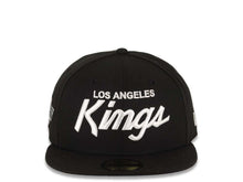 Load image into Gallery viewer, Los Angeles Kings New Era NHL 59FIFTY 5950 Fitted Chevorn Cap Hat Black Crown/Visor White Text Logo With Team Logo Side Patch 
