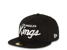 Load image into Gallery viewer, Los Angeles Kings New Era NHL 59FIFTY 5950 Fitted Chevorn Cap Hat Black Crown/Visor White Text Logo With Team Logo Side Patch 
