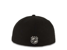 Load image into Gallery viewer, Los Angeles Kings New Era NHL 59FIFTY 5950 Fitted Chevorn Cap Hat Black Crown/Visor White Text Logo With Team Logo Side Patch 
