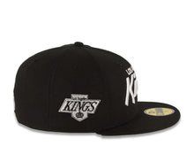 Load image into Gallery viewer, Los Angeles Kings New Era NHL 59FIFTY 5950 Fitted Chevorn Cap Hat Black Crown/Visor White Text Logo With Team Logo Side Patch
