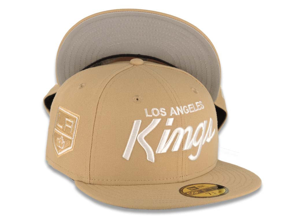 Los Angeles Kings New Era NHL 59FIFTY 5950 Fitted Cap Hat Khaki Crown/Visor White Text/Script Logo Logo Crest Side Patch