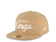 Load image into Gallery viewer, Los Angeles Kings New Era NHL 59FIFTY 5950 Fitted Cap Hat Khaki Crown/Visor White Text/Script Logo Logo Crest Side Patch
